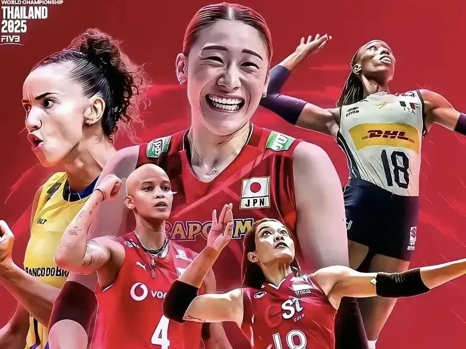 2025女排世锦赛海报，图片有五名队员，代表五个国家队实力，奇怪的是第五名的中国