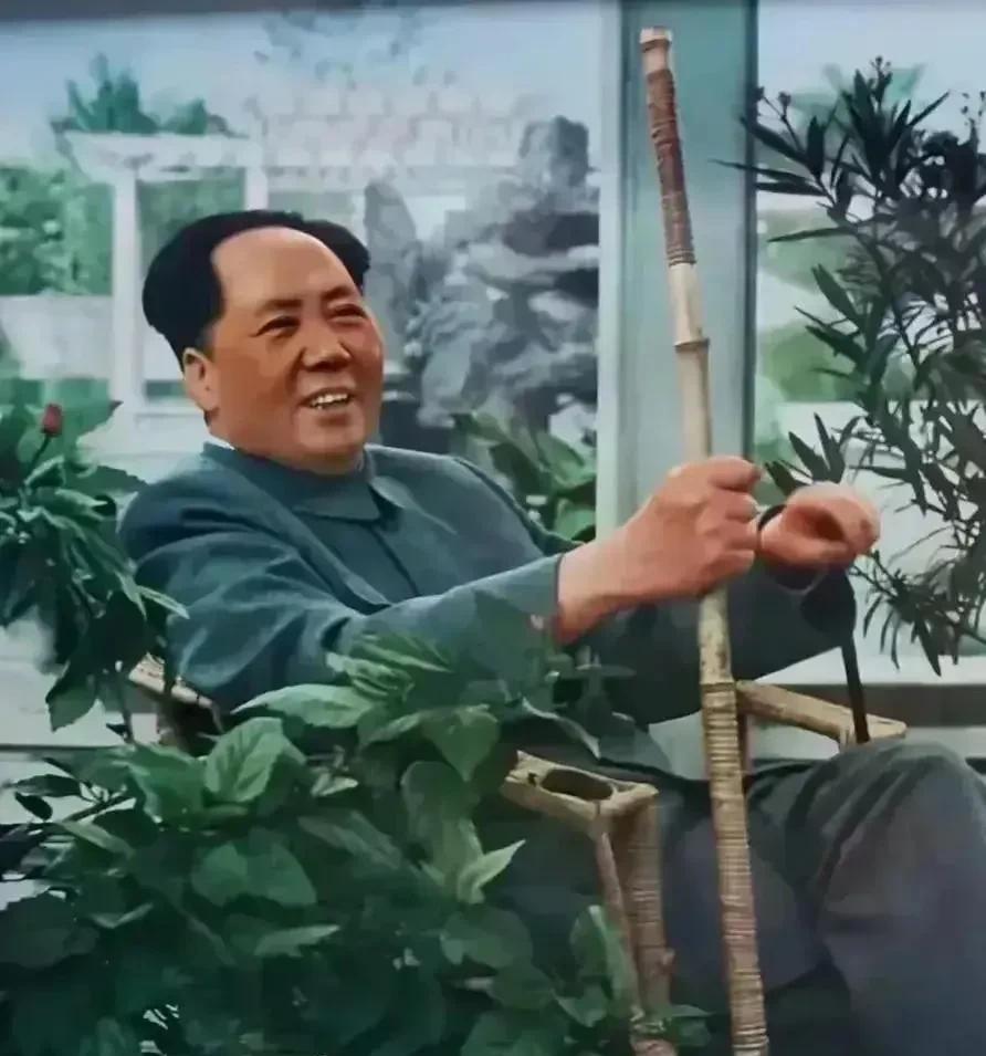 好可爱的表情！
教员坐在藤椅上，右手中紧握的是警卫员帮他找的竹棍，据说老胡要换，