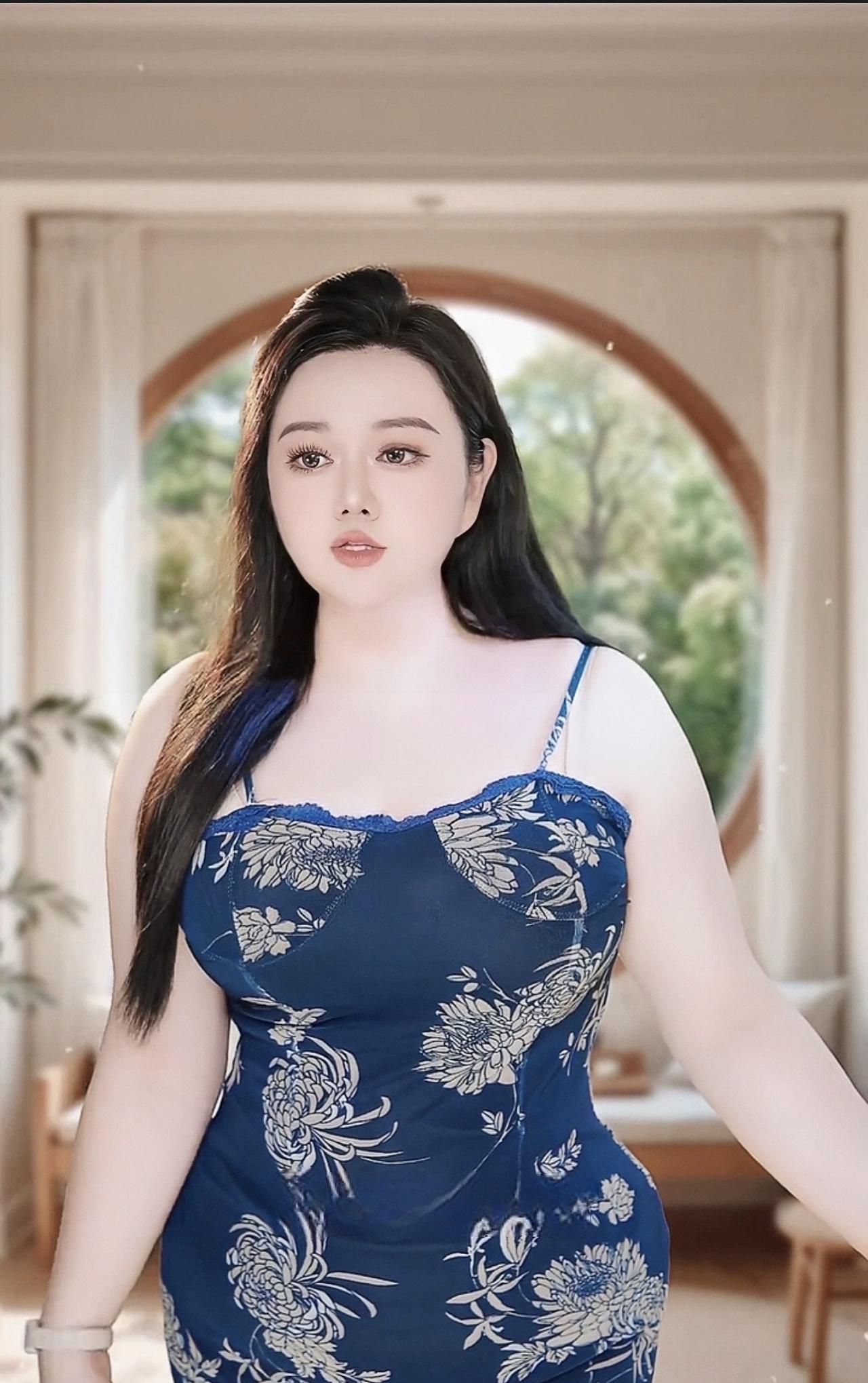 东方韵致
青花攀援吊带
把靛蓝裁成山海
裙裾间，旧卷里的繁花醒了
借柔丝作舟，渡