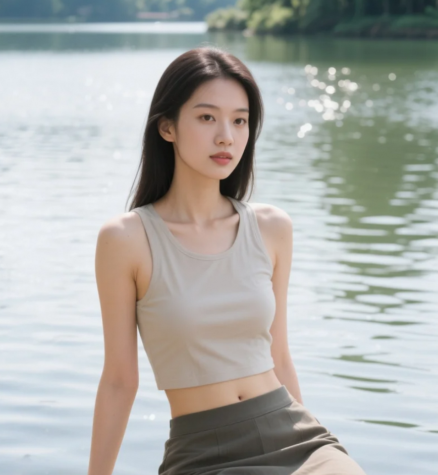 湖边静坐的亚洲美女，露肚脐设计增添俏皮感