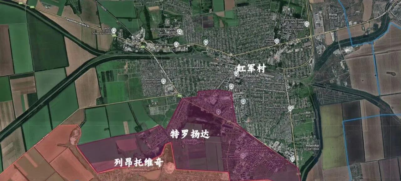 俄军在红军城攻击区域（紫色区域），表明俄军突击队抵达市中心。乌军如果还不向红军城