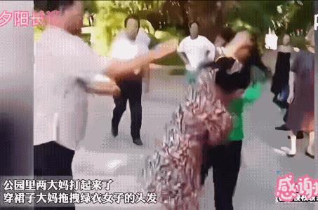 老头子不知是不是拉了偏架？
女人打架，揪头发好似是标配动作，不仅具有攻击力，而且
