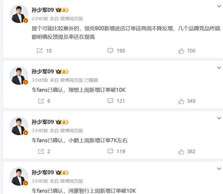 上周造车新势力新增订单不完全统计：
理想：10000台±；
鸿蒙智行：100