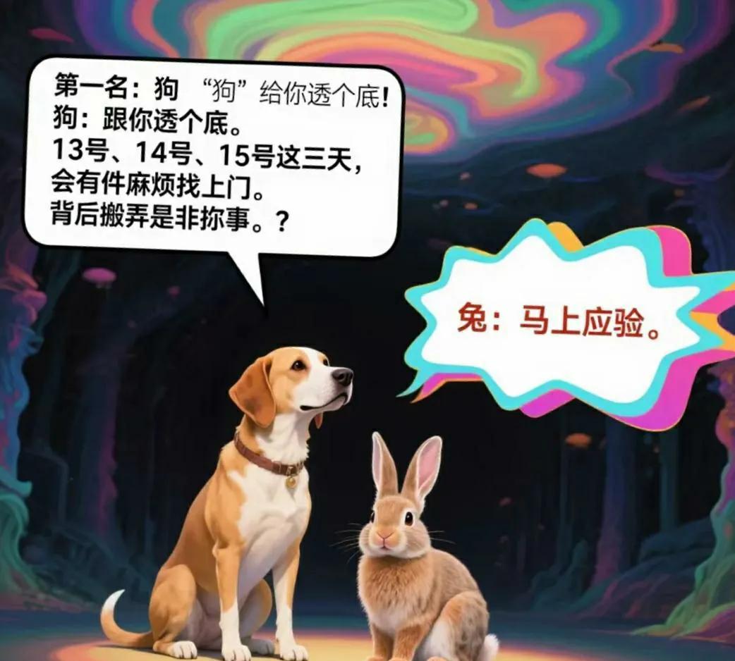第一名：狗
狗：跟你透个底。
13号、14号、15号这三天，
会有件麻烦找上门。
