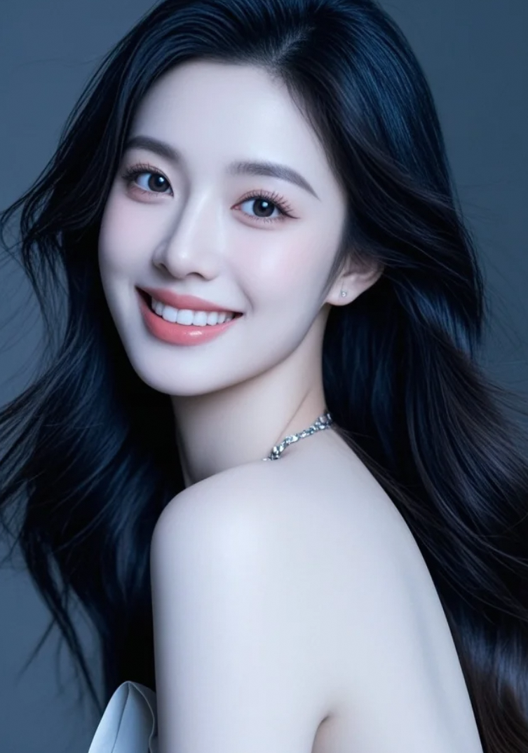 深灰色背景中的明星光芒：高清写实长发美女摄影