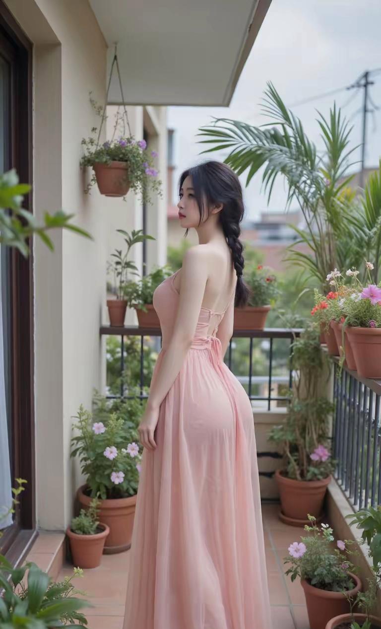 阳台上的花裙子小姐，春风拂面，美得刚刚好。