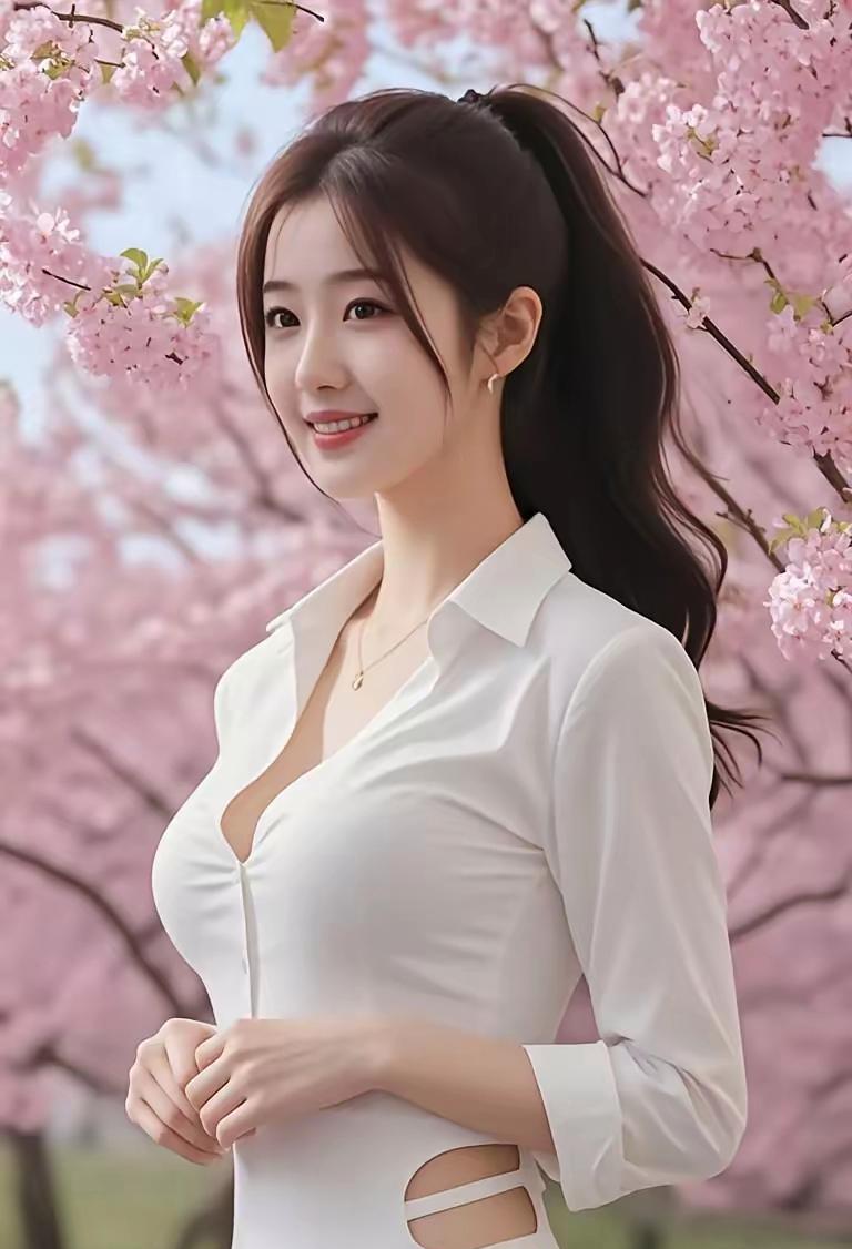 樱花树下，春风拂面，小姐姐笑容如花般绽放～