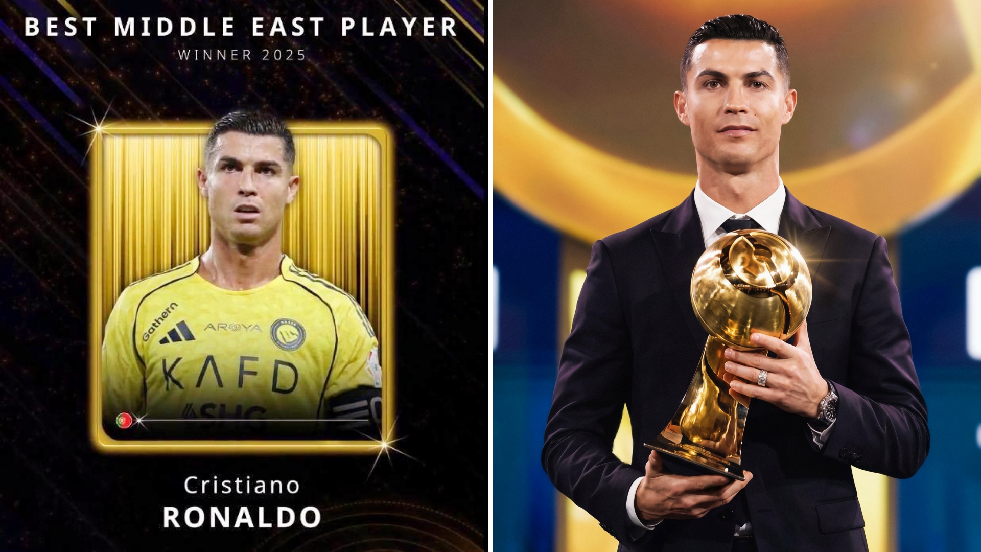 利雅得胜利前锋C罗荣膺2025环足奖年度最佳中东球员
C罗力压本泽马、马赫雷斯，