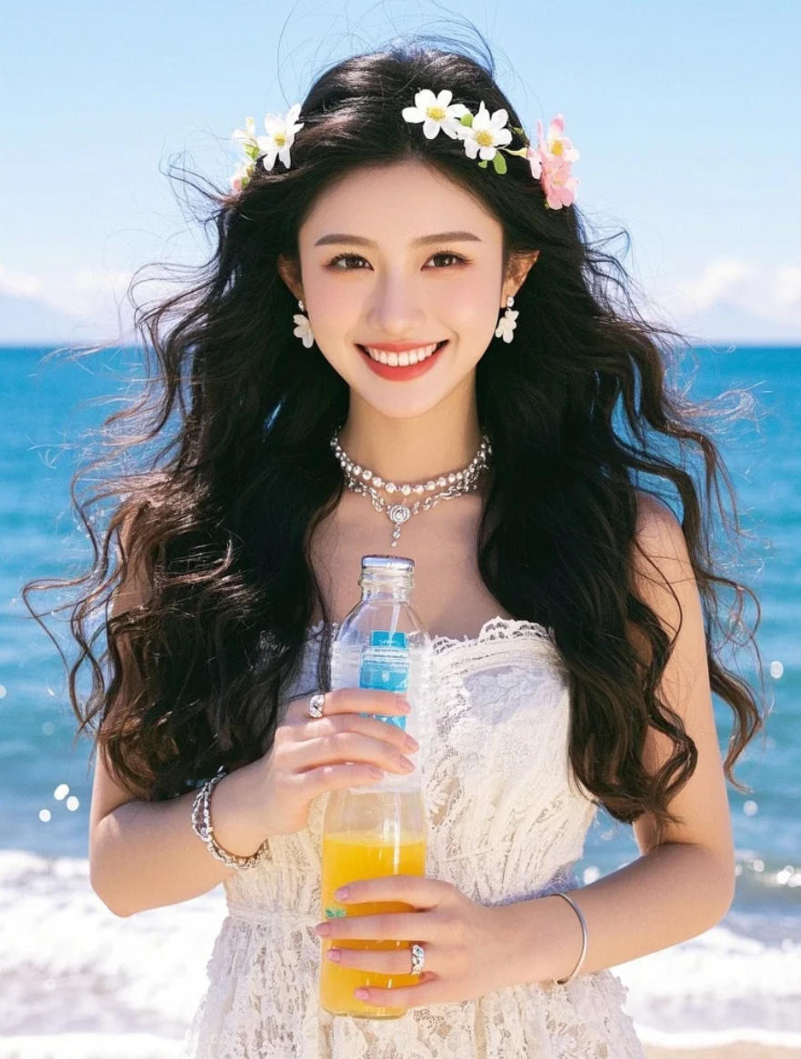 当她走进镜头，整片海滩都成了她的背景板。