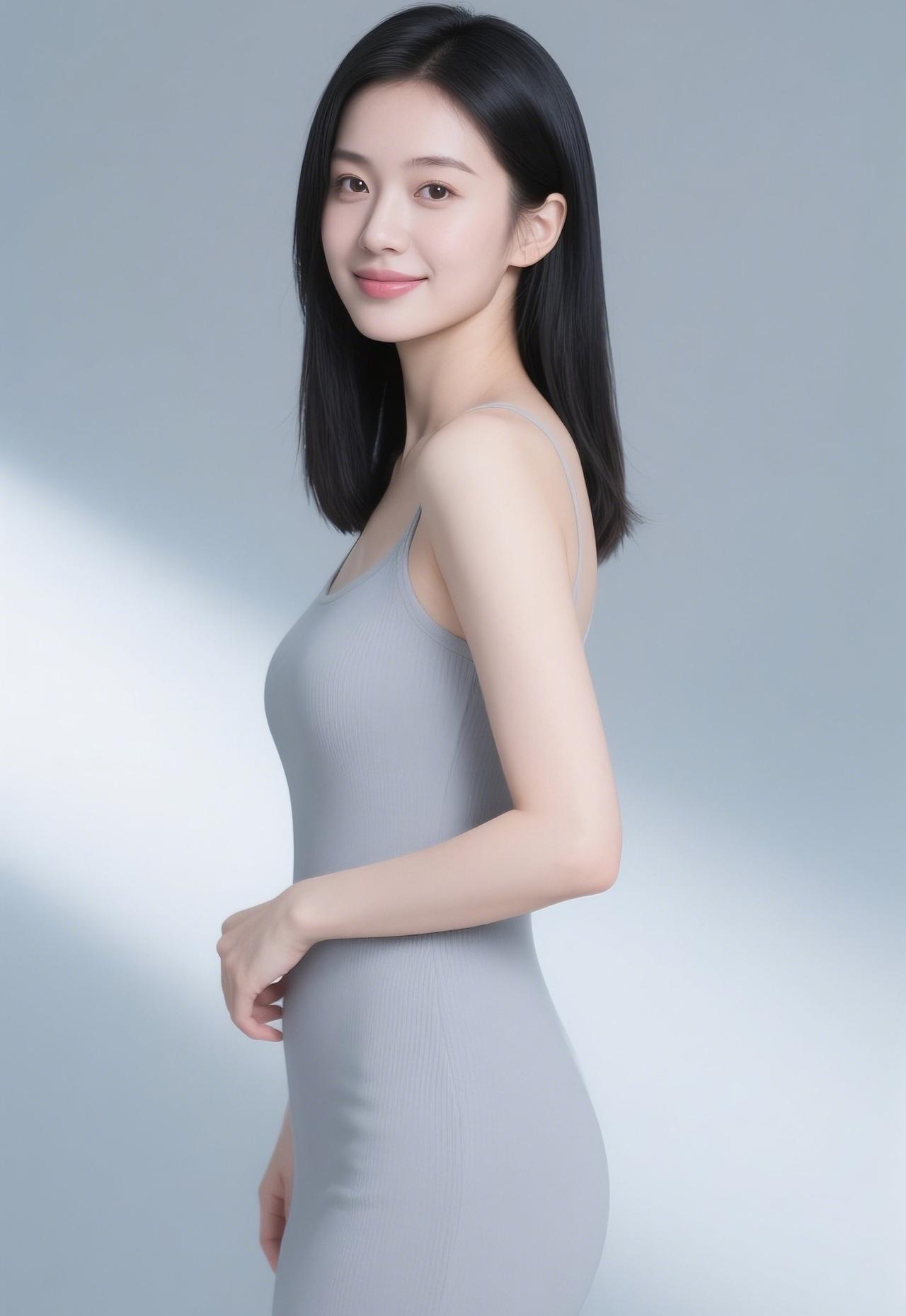 优雅气质，浅灰色连衣裙，完美曲线，尽显女性魅力！