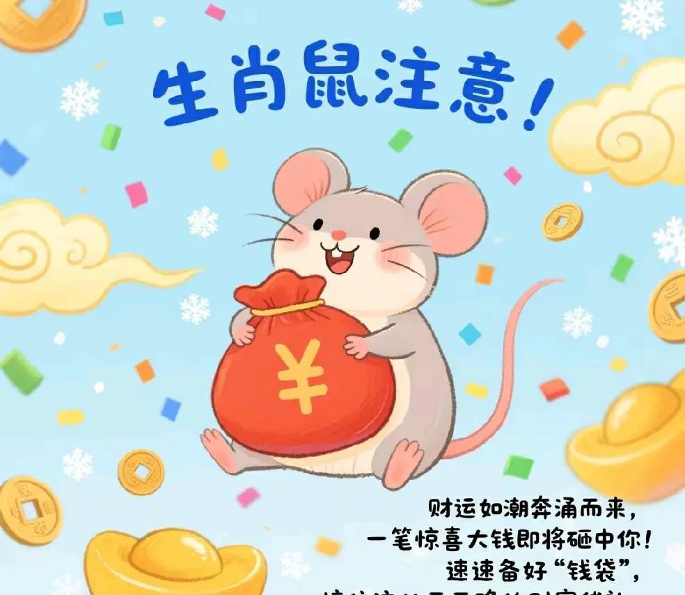 生肖鼠注意！
财运如潮奔涌而来，一笔惊喜大钱即将砸中你！
速速备好“钱袋”，接住
