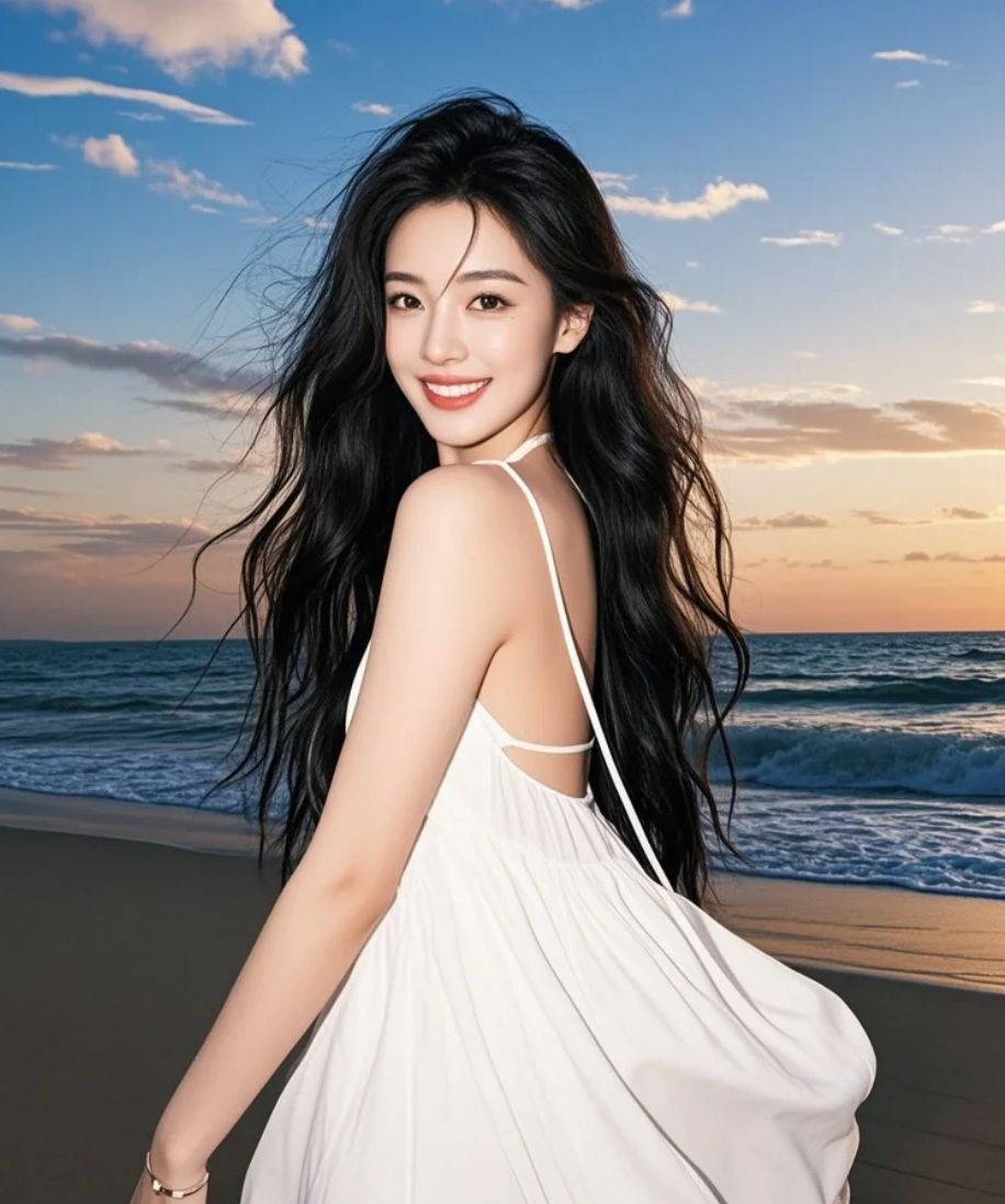 发丝缠绕着海风，白裙在腿侧形成优美弧线