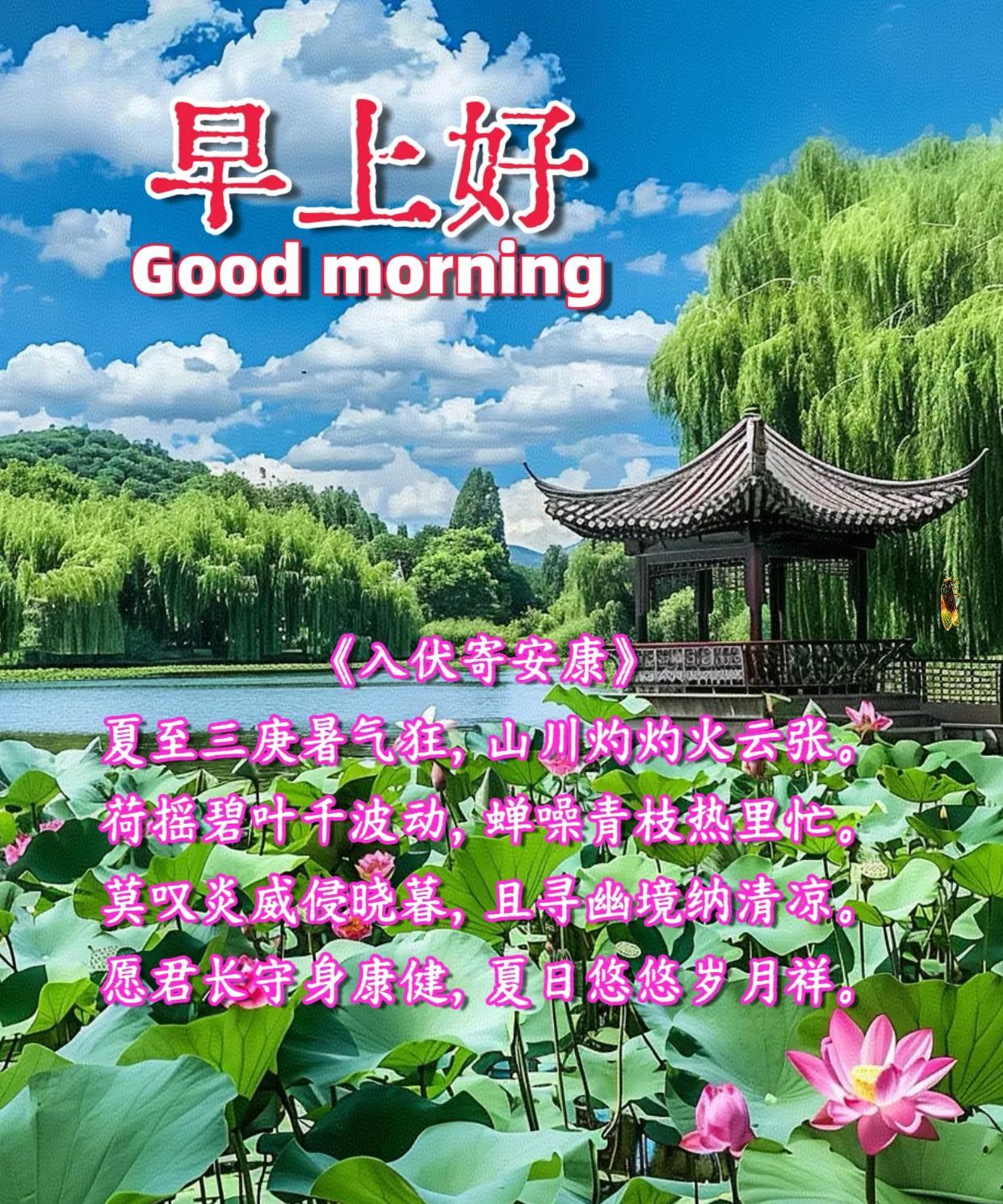朋友：早上好！
头伏进入第二天，愿你夏日安康。
伏至暑气盛，平安度夏时。
《入伏