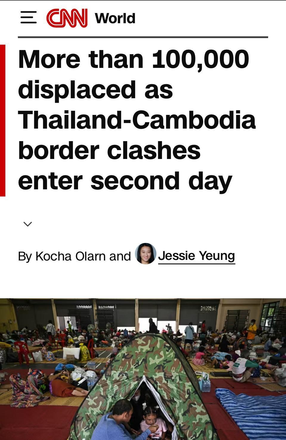 泰柬边境冲突进入第二天，双方撤离的民众超过了10万人，至少14人身亡。
   双