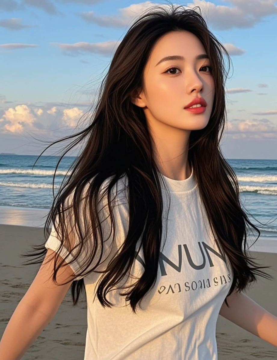  她驻足远眺，发丝轻扬，海风送来淡淡咸香