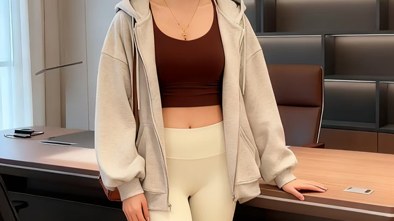 休闲运动风穿搭分享，深棕色吊带上衣搭配运动紧身裤。