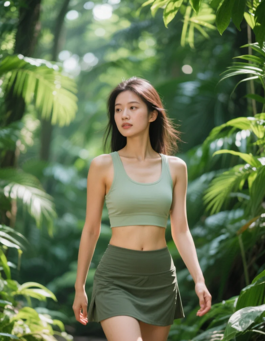 热带雨林中的亚洲美女，展现自然与人的和谐美