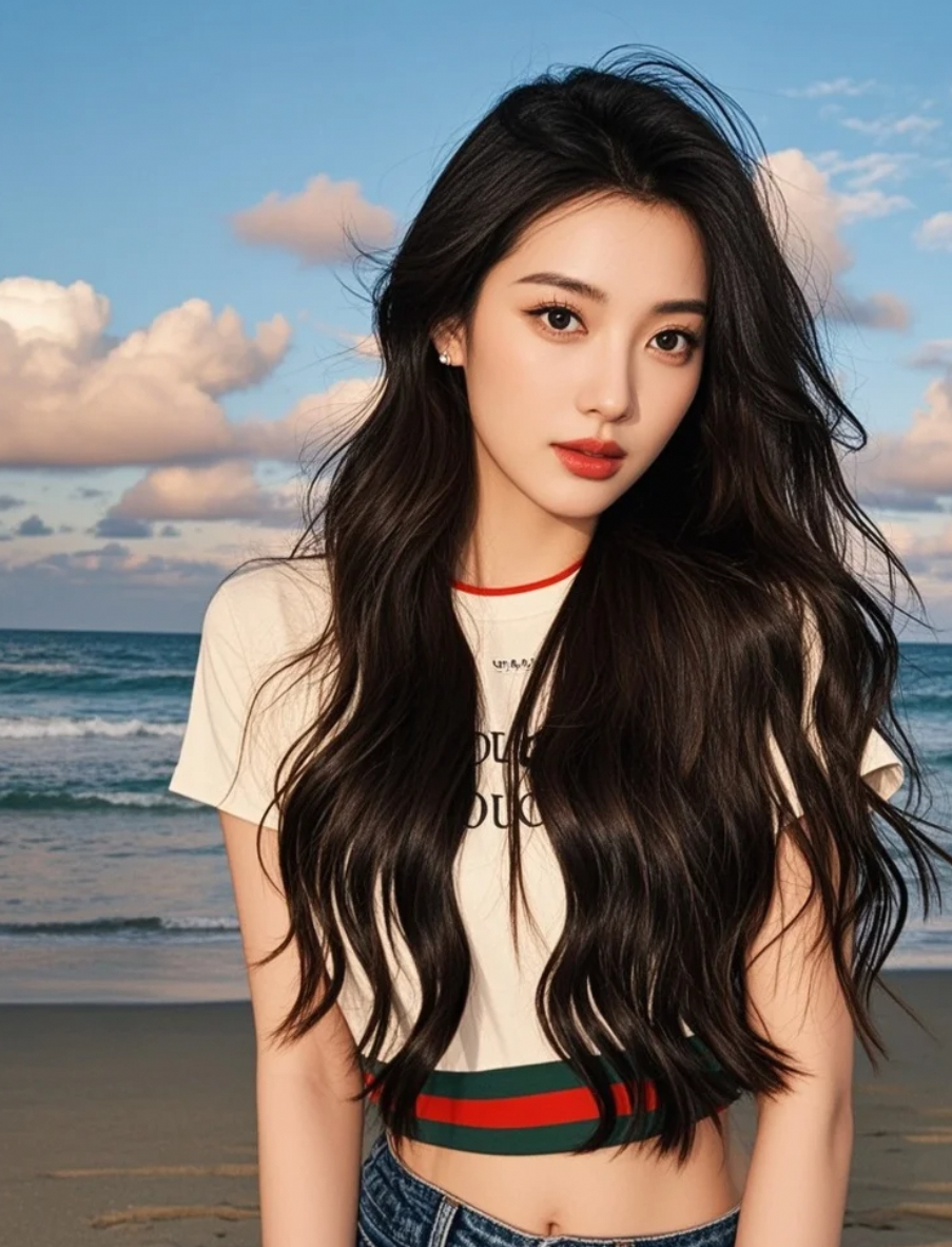 妆容精致却不浮夸，她漫步海边，像一幅会呼吸的治愈系画卷