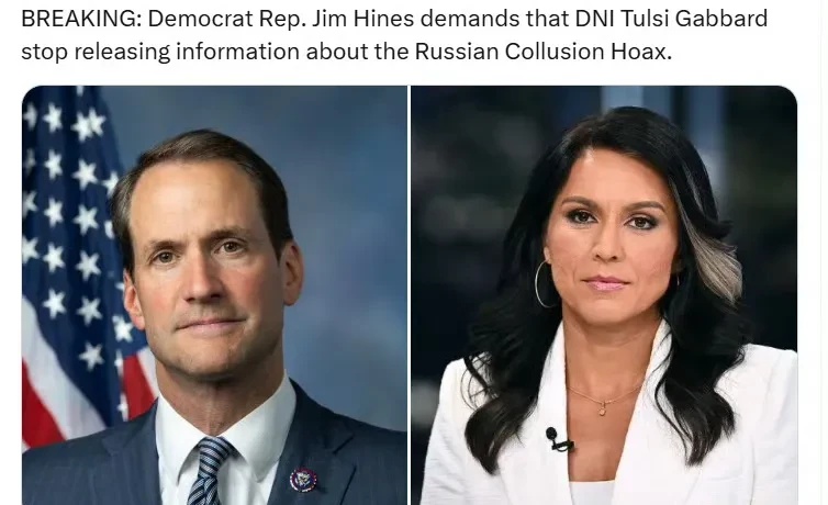 民左党众议员吉姆·海因斯要求国家情报总监图尔西·加巴德停止发布有关“俄罗斯勾结骗