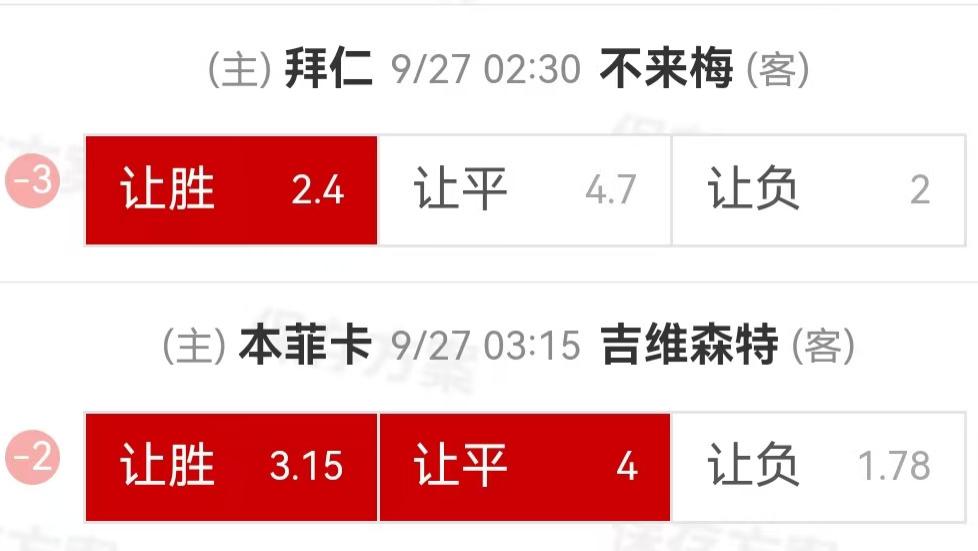 {一脚球}竞彩推荐：拜仁慕尼黑VS云达不来梅+本菲卡VS吉维森特