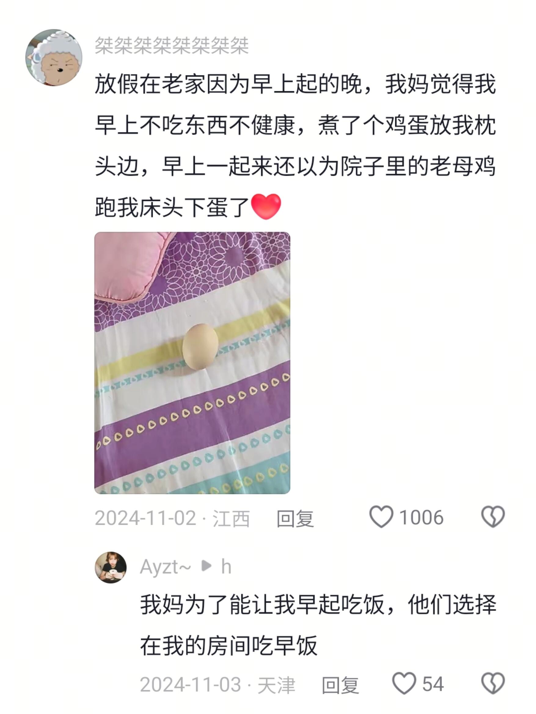 煮了个鸡蛋放我枕头边