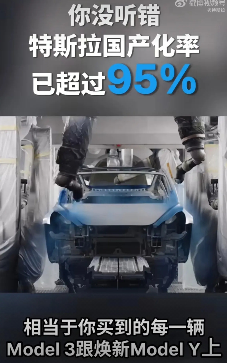 特斯拉在实现承诺：现在已经做到国产化率超95%，到2029年，特斯拉汽车的国产化