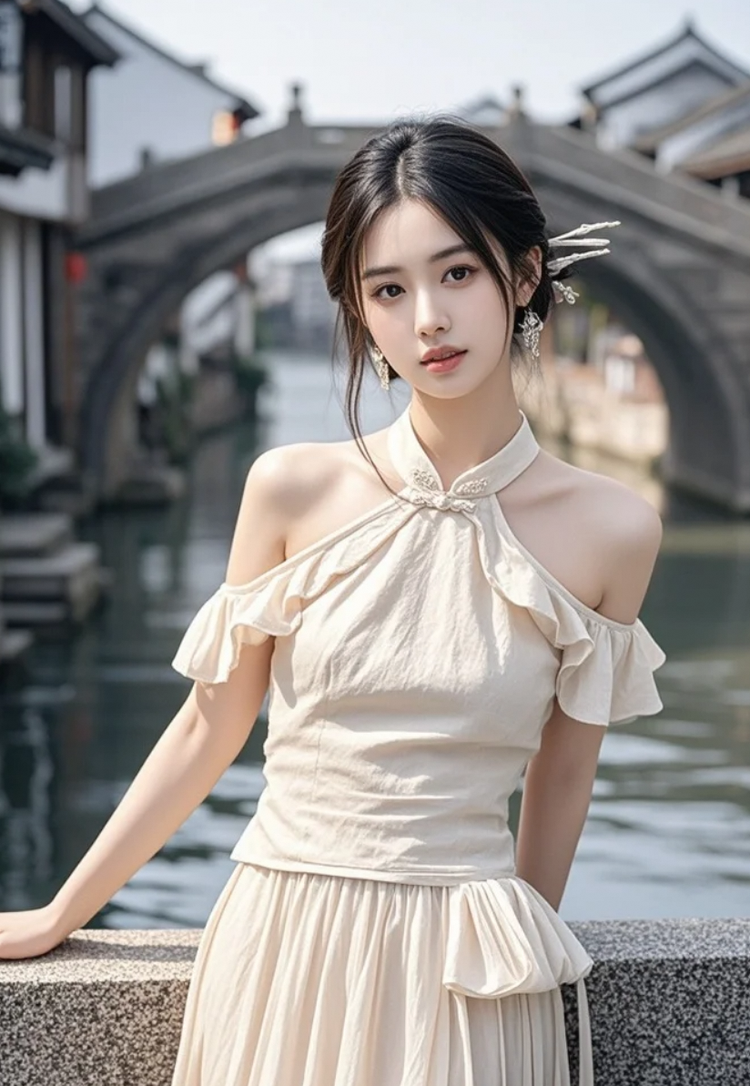 一袭素衣，撑伞走过千年的水巷。