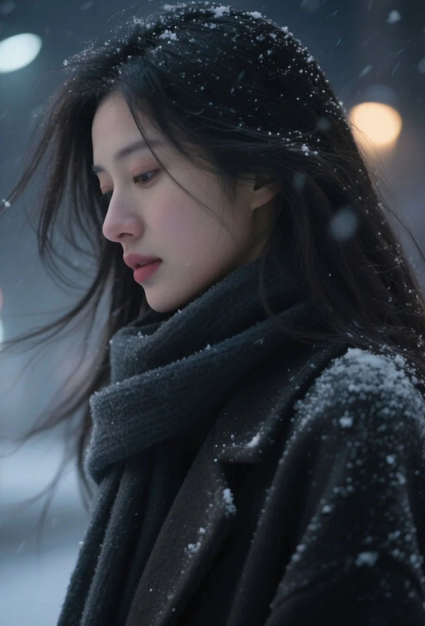 融入雪夜的城市剪影：围巾飘扬下的细腻面容与迷离目光