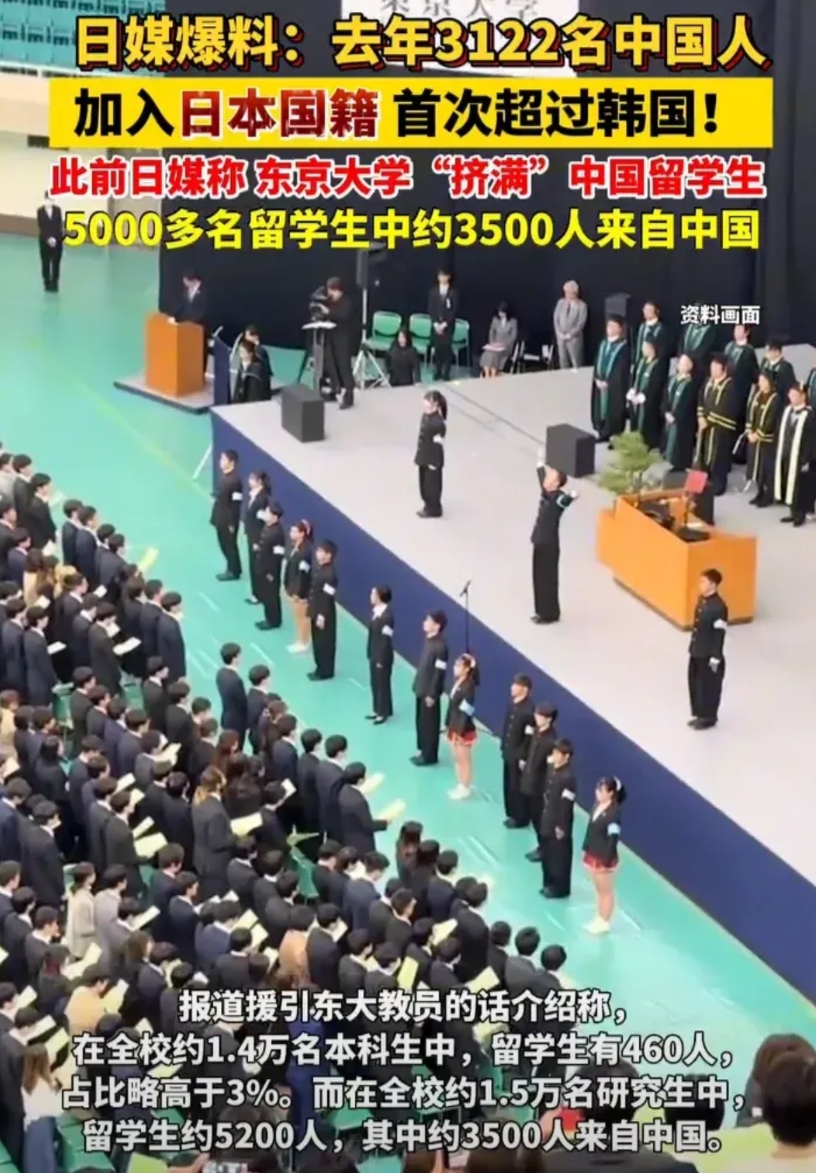这么多中国人加入日本国籍，去年3122名中国人移民日本，还加入了日本国籍。其中，