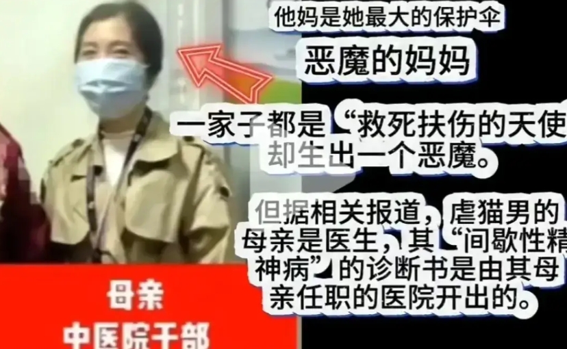 虐猫致死的男子母亲是医院的干部，在事发后所在医院给儿子开具了间歇性精神病的诊断。