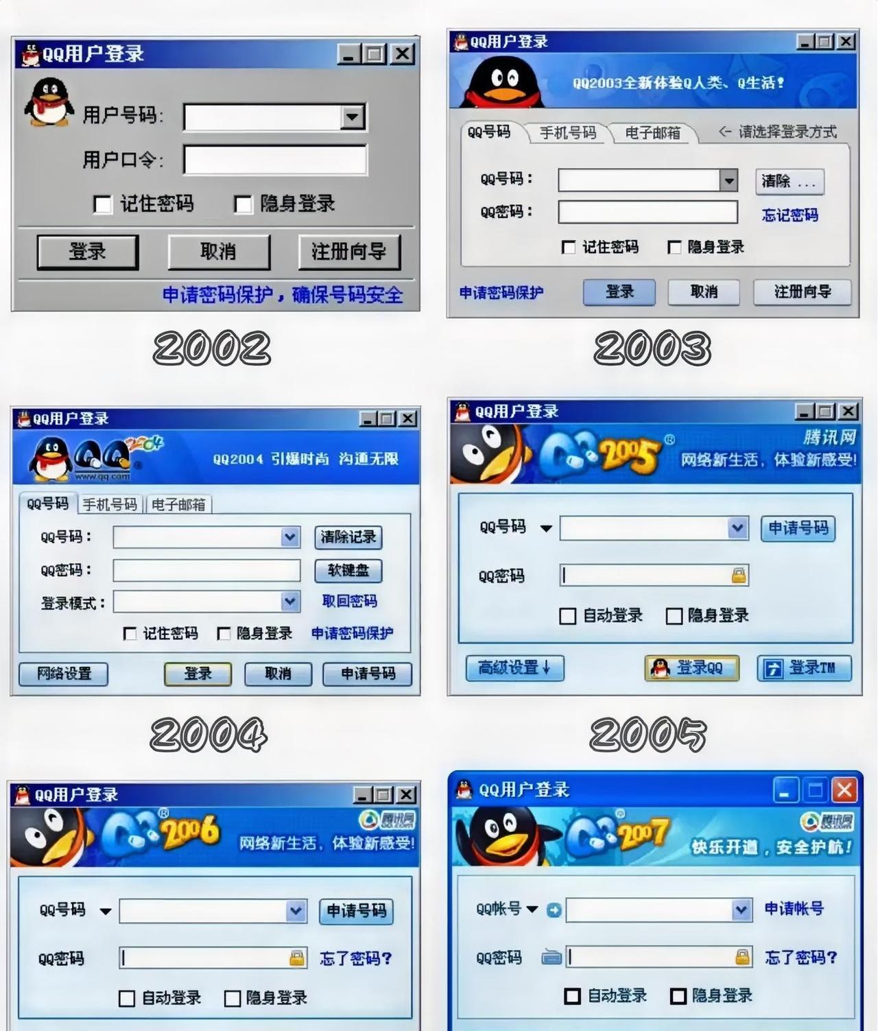 你是从哪一年开始用QQ的？还记得你的第一个QQ号吗？
这几张QQ登录界面截图，D