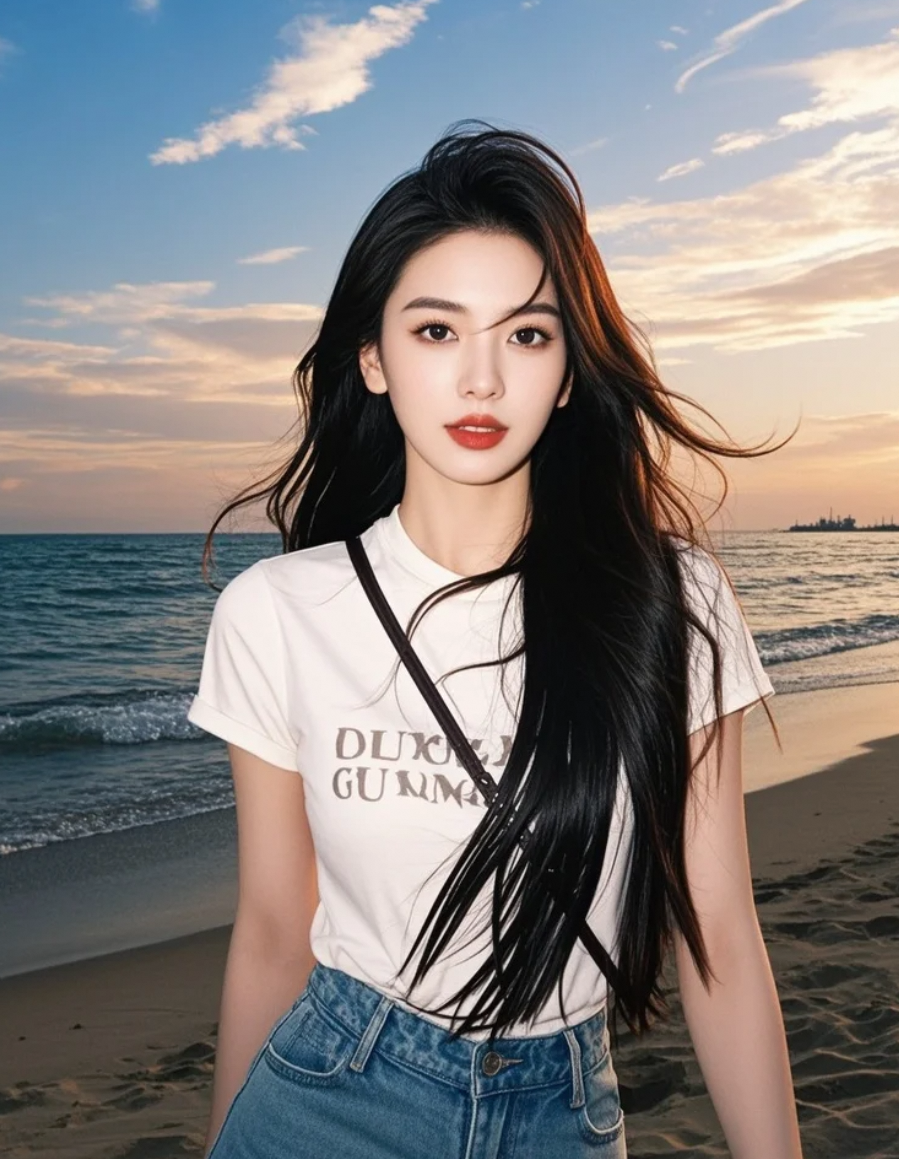 白云悠悠，她的长发在海风中画出优美弧线