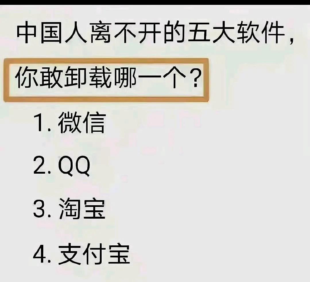 我的手机没有QQ、淘宝和抖音。
微信用来交流，支付宝用来查社保医保。