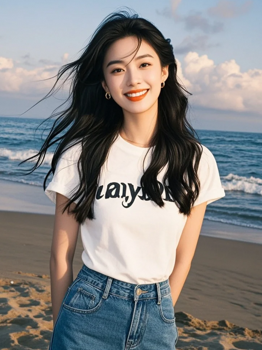 她的红唇如落日余晖般浓烈，却带着邻家女孩般的温柔亲和力