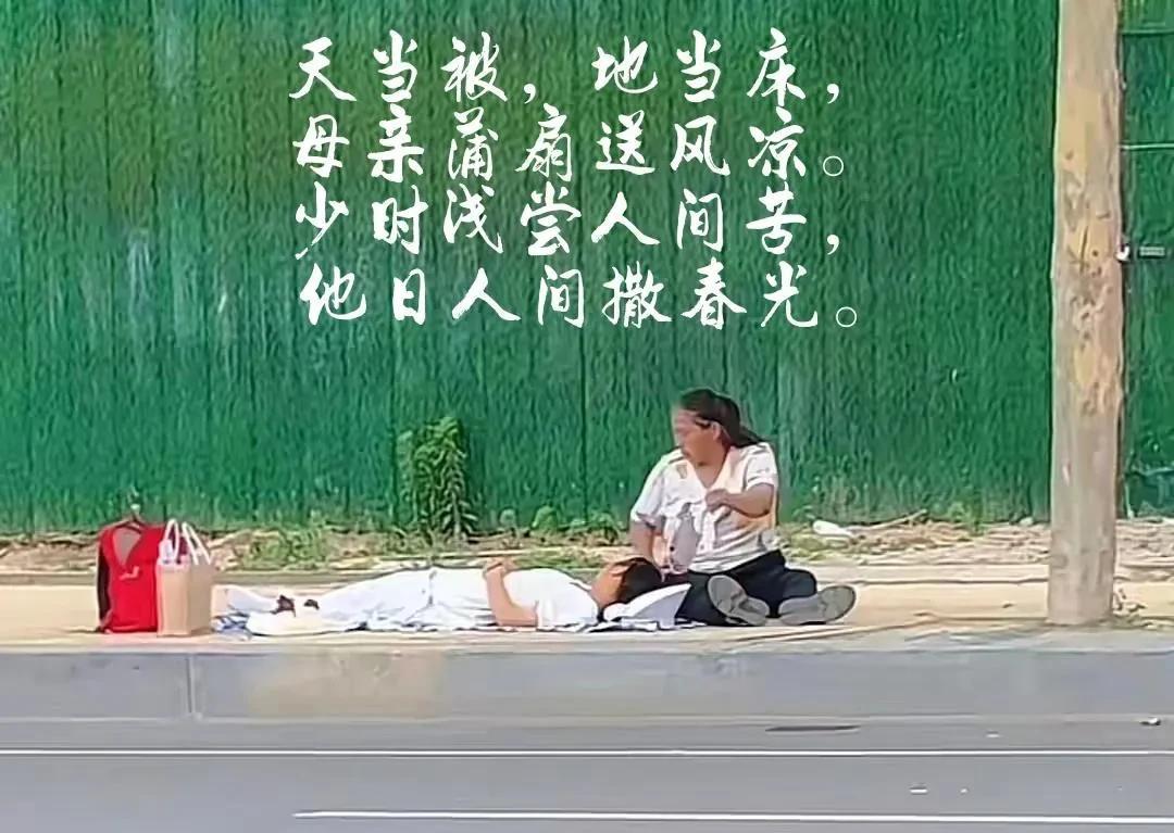 高考的炽热夏日，考场外的母爱以独特姿态流淌。绿墙旁，少年借地当床、天作被，暂卸备
