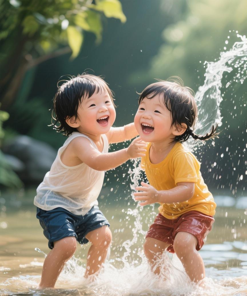 #AI妙生图#在水花四溅间，童真的欢笑点亮夏日。那无忧的瞬间，藏着岁月最美的诗