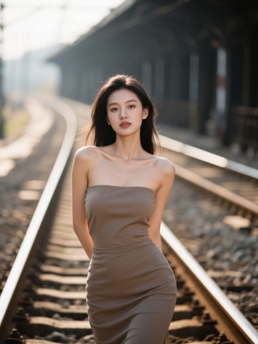 铁轨延伸向远方，而她的目光，是比轨道更长的故事线