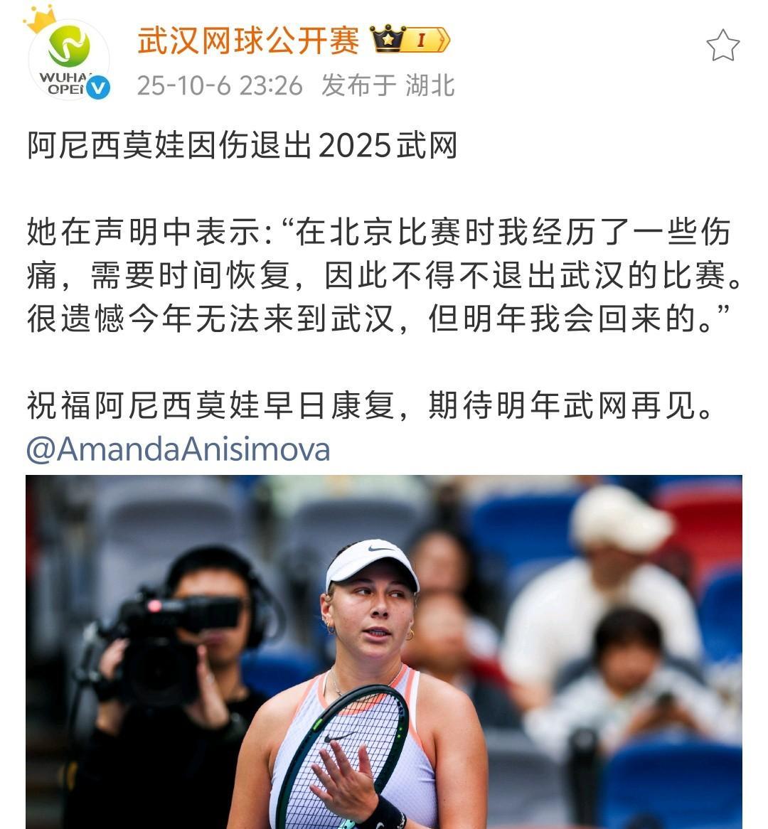 阿尼西莫娃因伤退出武汉网球公开赛
武汉网球公开赛官方宣布阿尼西莫娃因伤退出接下来