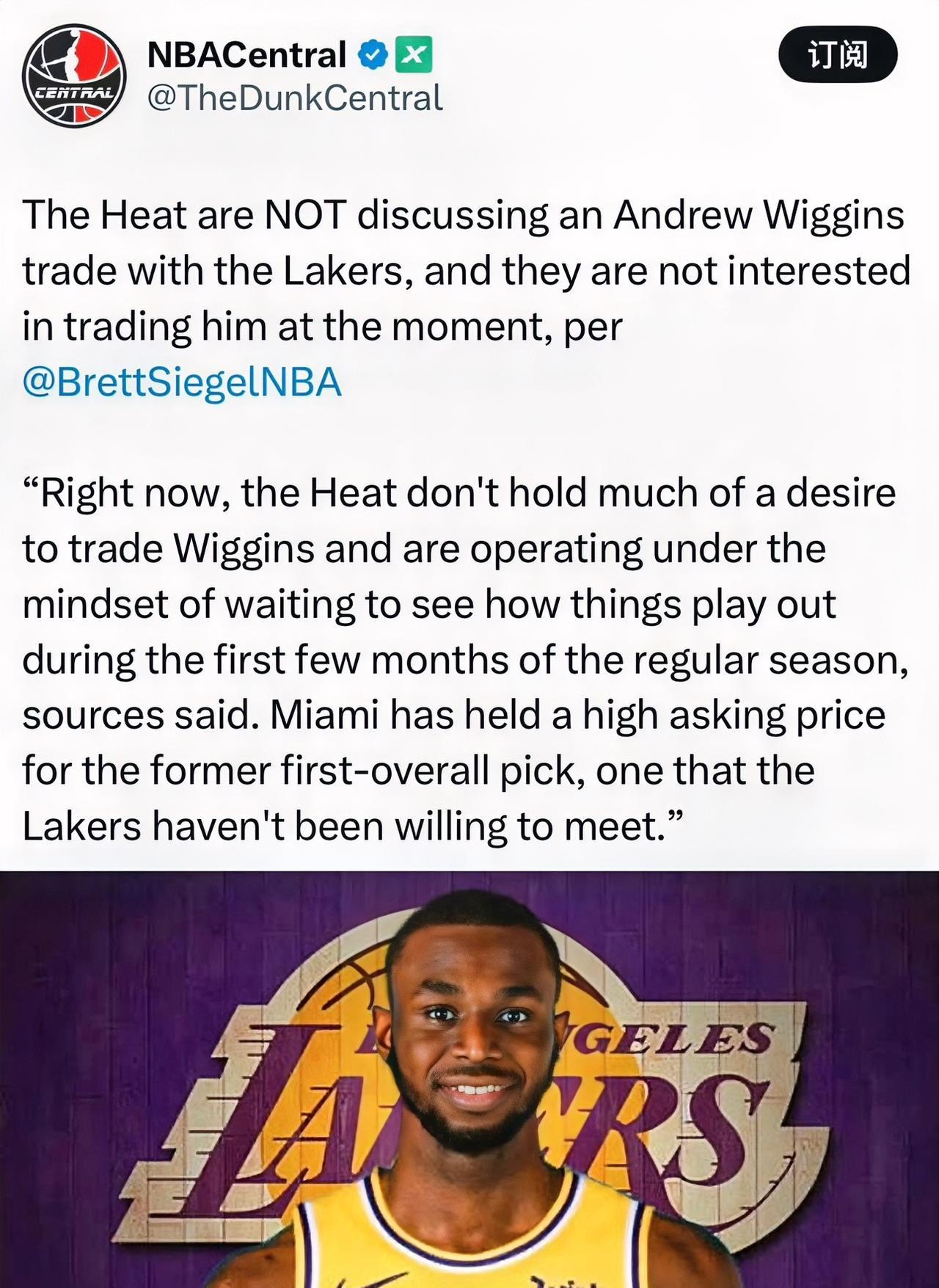 热火对于维金斯的要价过高，湖人无法满足！
根据NBA记者Brett Siegel