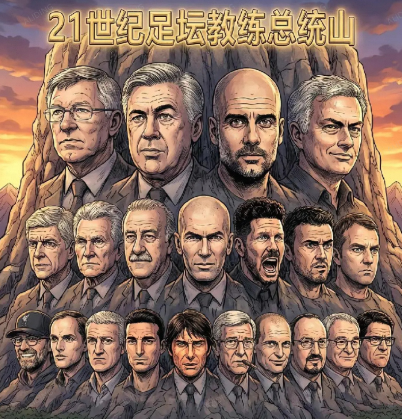 真正的教练总统山上，就坐着四个人：一手缔造红魔王朝的老爵爷，用传控哲学颠覆三个联