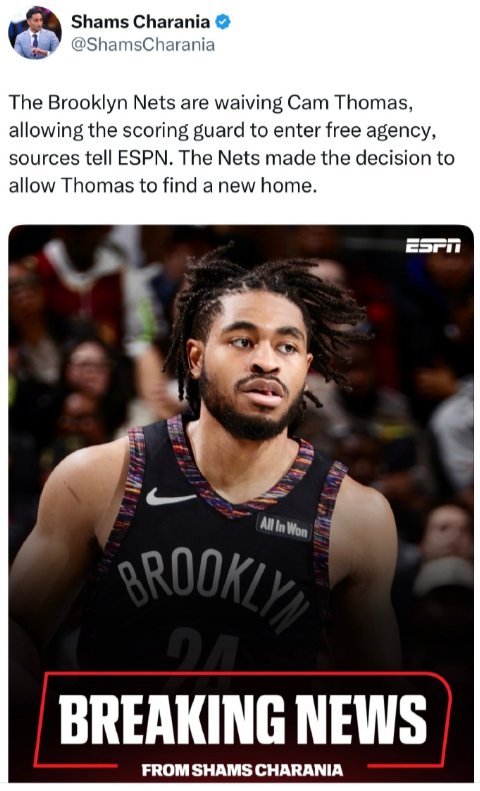 Shams：篮网裁掉了后卫卡姆·托马斯，让他有机会在其他球队重新开始。

今年2