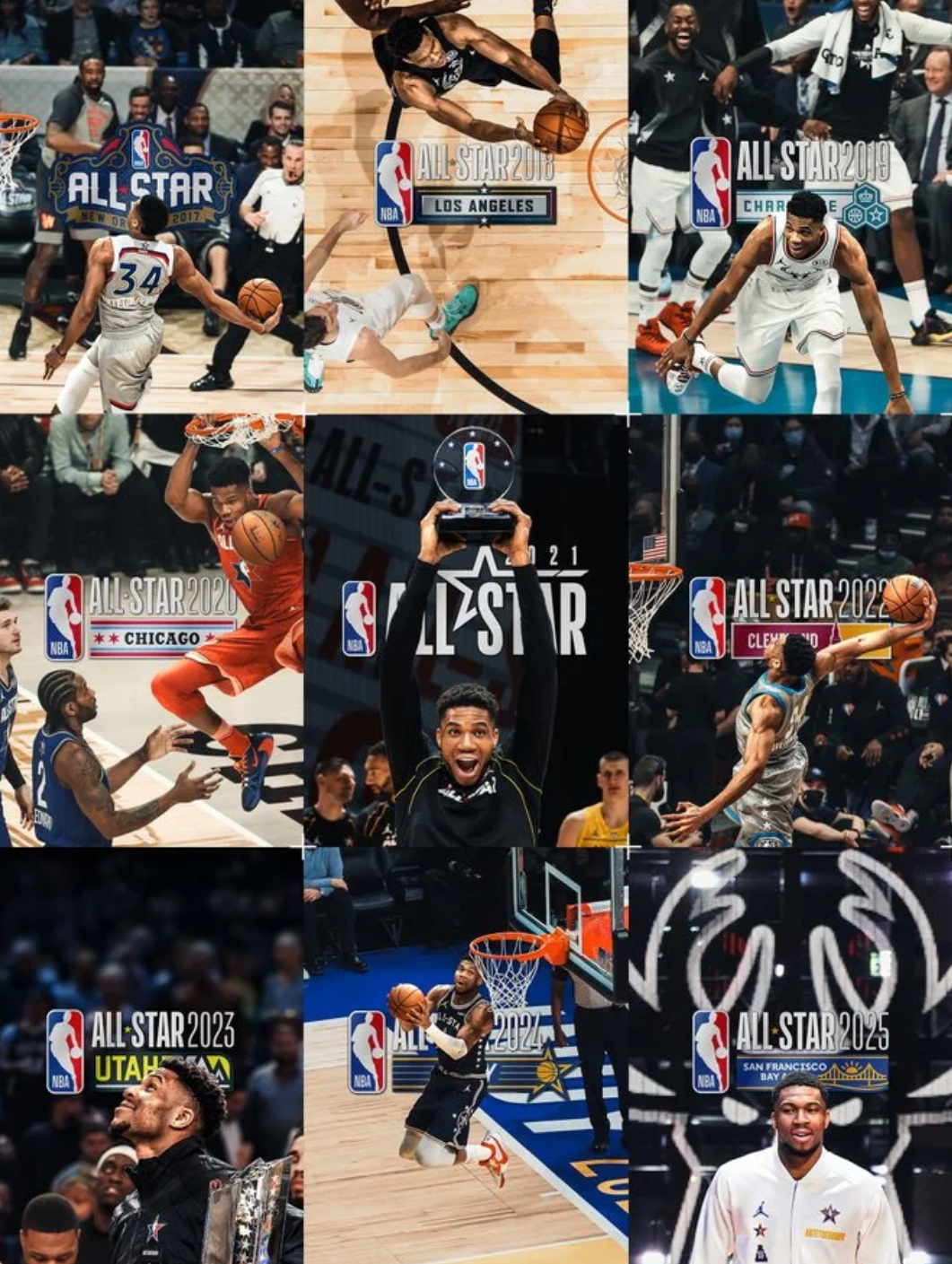 雄鹿官方更新动态，晒出多张雄鹿球员扬尼斯-阿德托昆博历届全明星的照片与球迷分享。