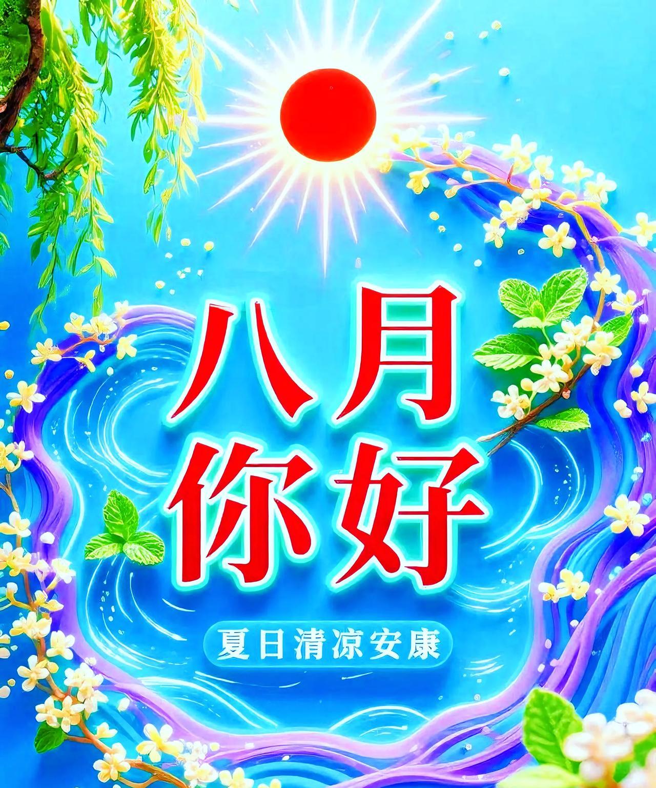 七月再见八月来，
清风送爽入心怀。
炎天暑气渐消散，
健康快乐笑颜开。
骄阳似火