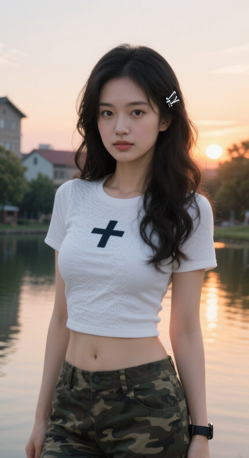 湖边美眉回眸一笑，可盐可甜心动瞬间