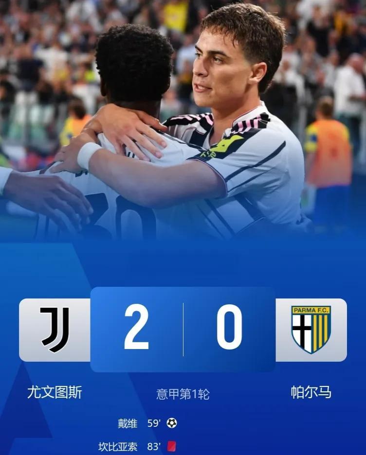 两大中锋破门，斑马喜提开门红！
十人尤文2-0帕尔马！
此役，新援戴维首球，弗拉