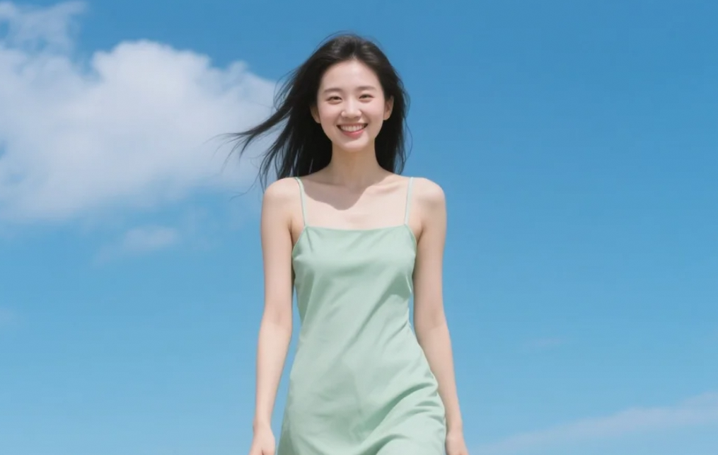 在这片金色的沙滩上，我穿着连衣裙尽情地舞蹈，享受着夏日的美好。
