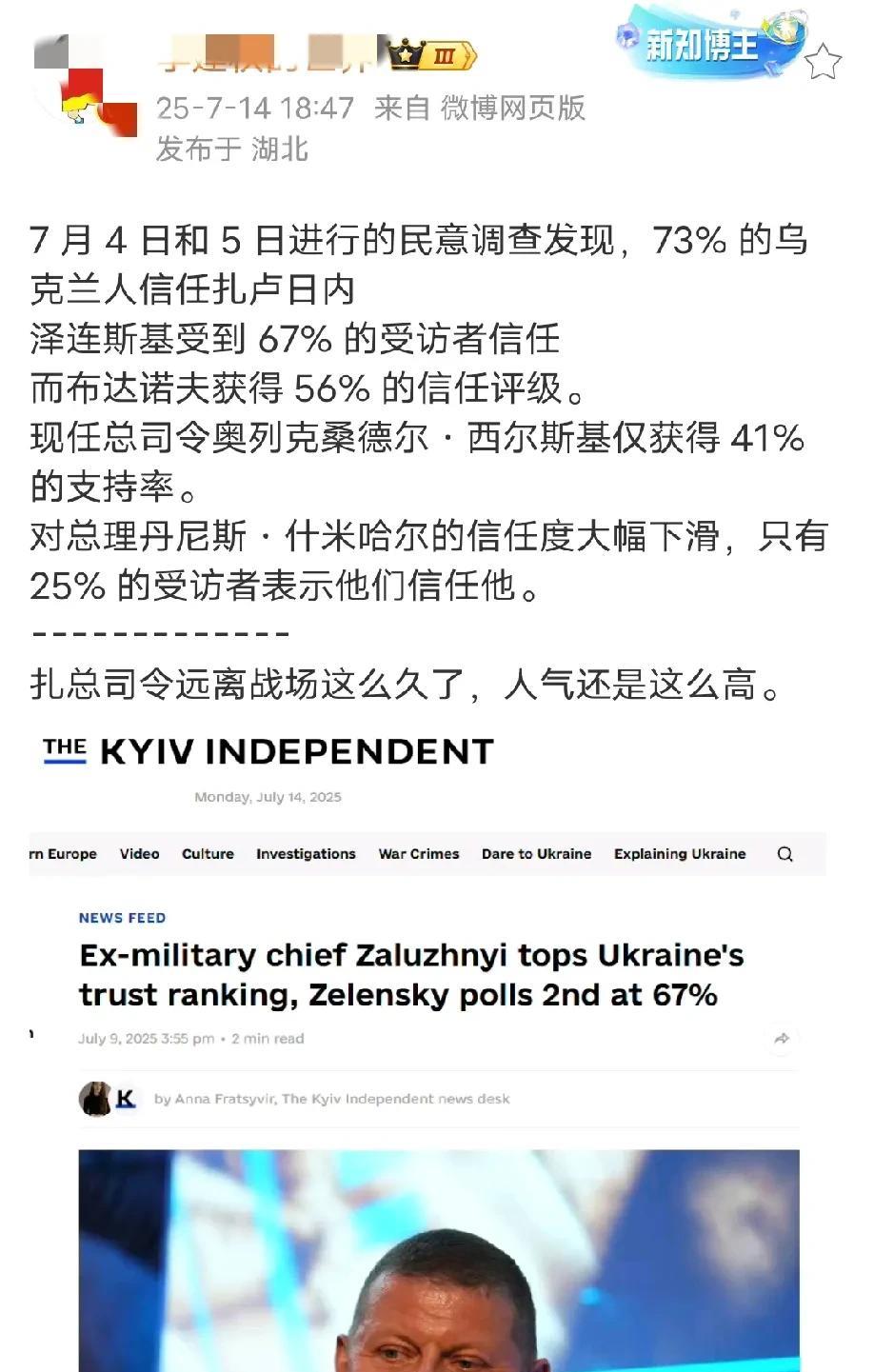 感觉欧美在为换掉泽连斯基做舆论铺垫了，开始做什么民调了，发现乌军前总司令扎卢日内