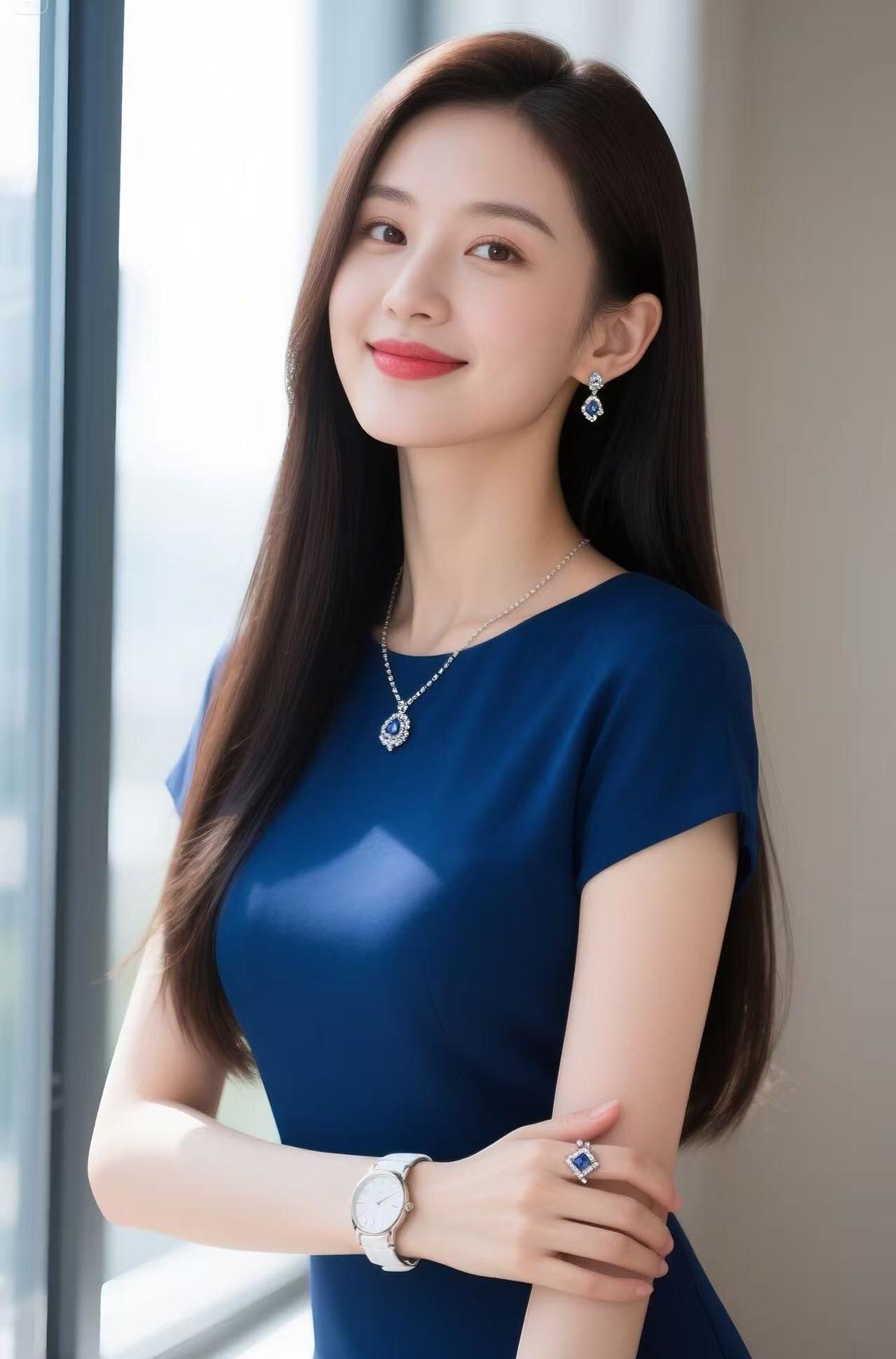 这位小姐姐穿着蓝色连衣裙，看起来好温柔！