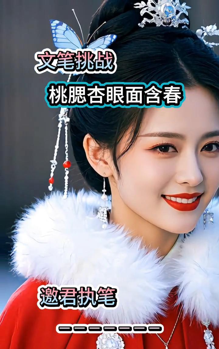 文笔挑战：桃腮杏眼面含春。
邀君执笔。