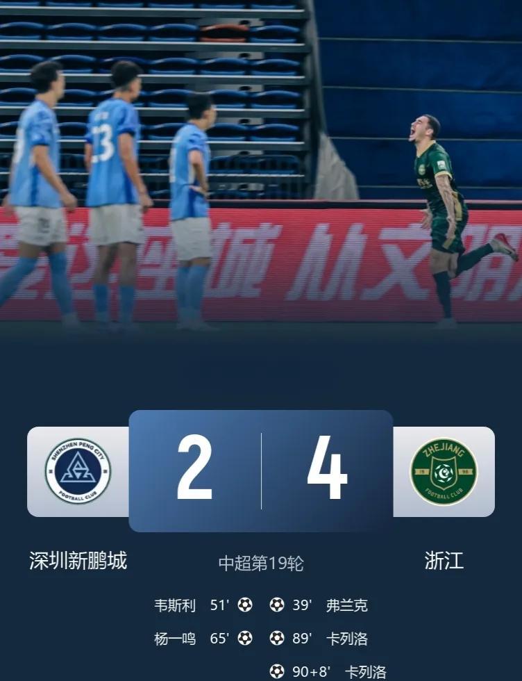 连场绝杀，太燃了……
浙江客场4-2深圳新鹏城，豪取联赛三连胜！
此役，卡列洛8